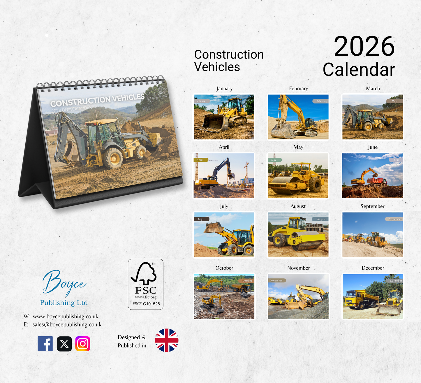 Construction Vehicles Desk Calendar 2026-2027