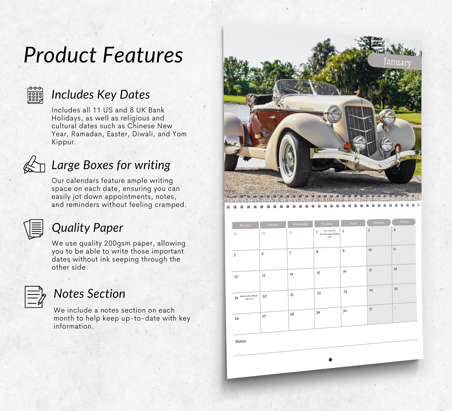 Classic Cars Calendar 2026