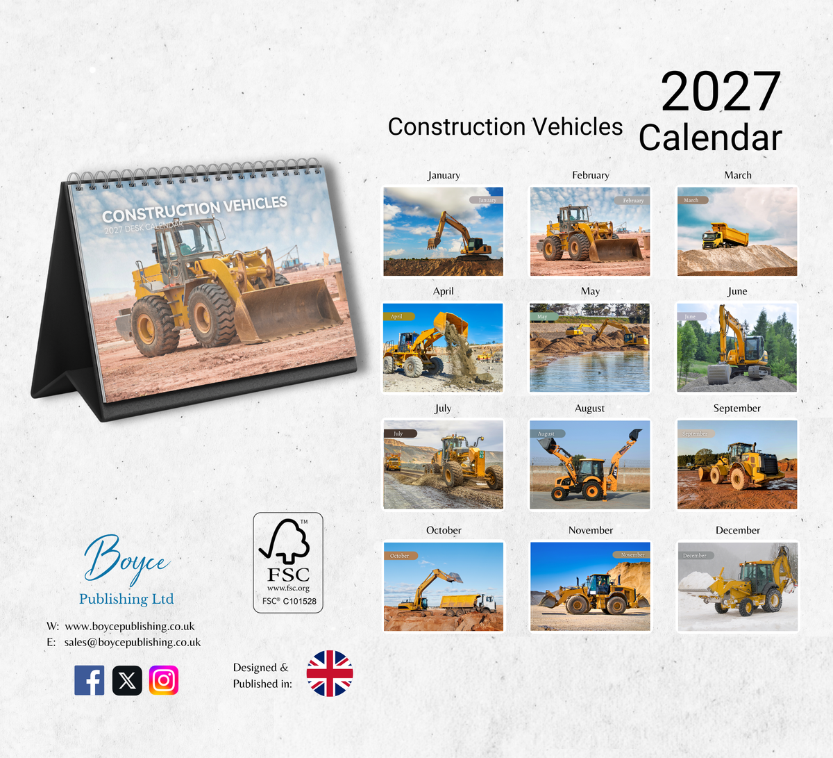 Construction Vehicles Desk Calendar 2027-2028