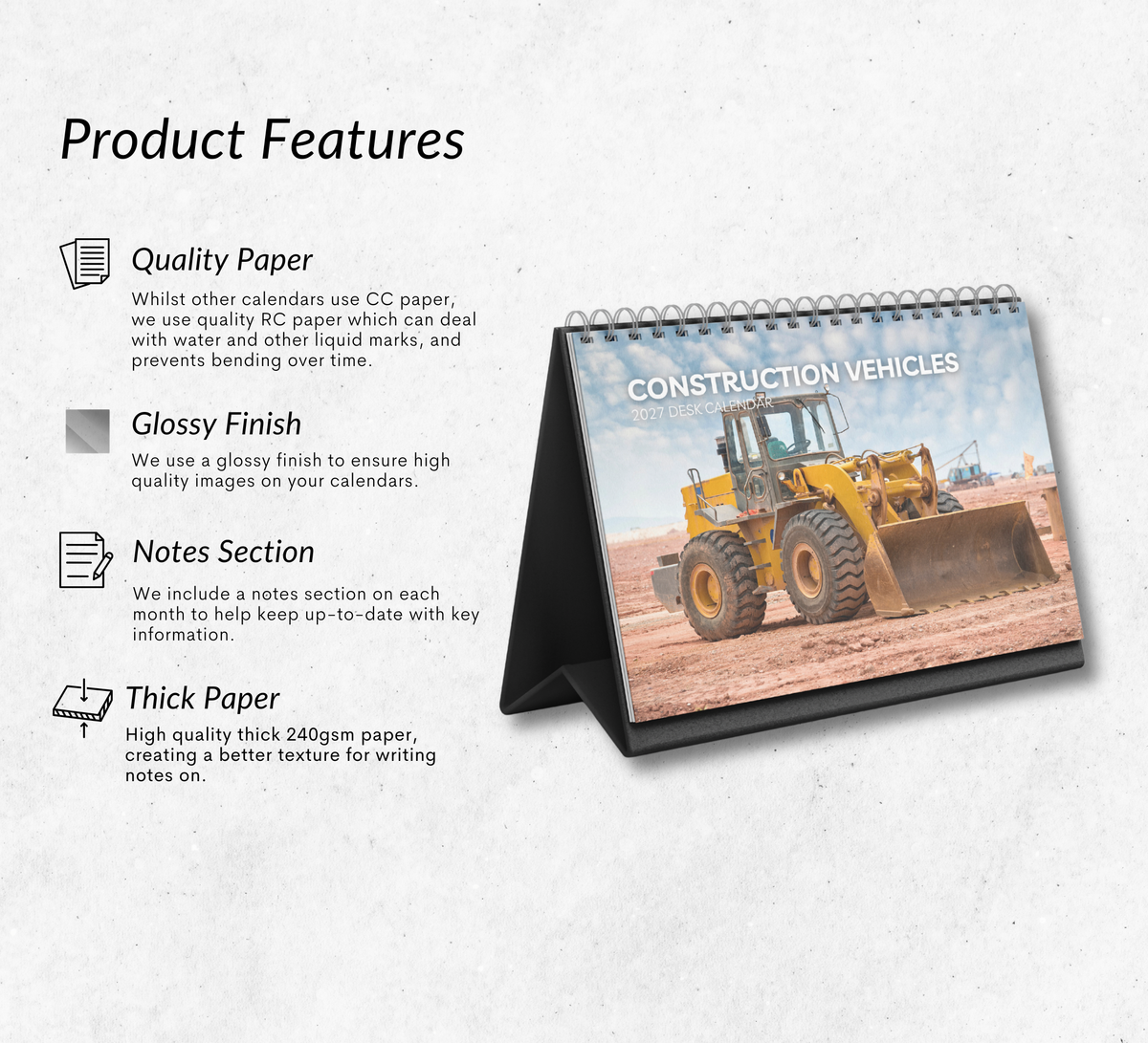 Construction Vehicles Desk Calendar 2027-2028
