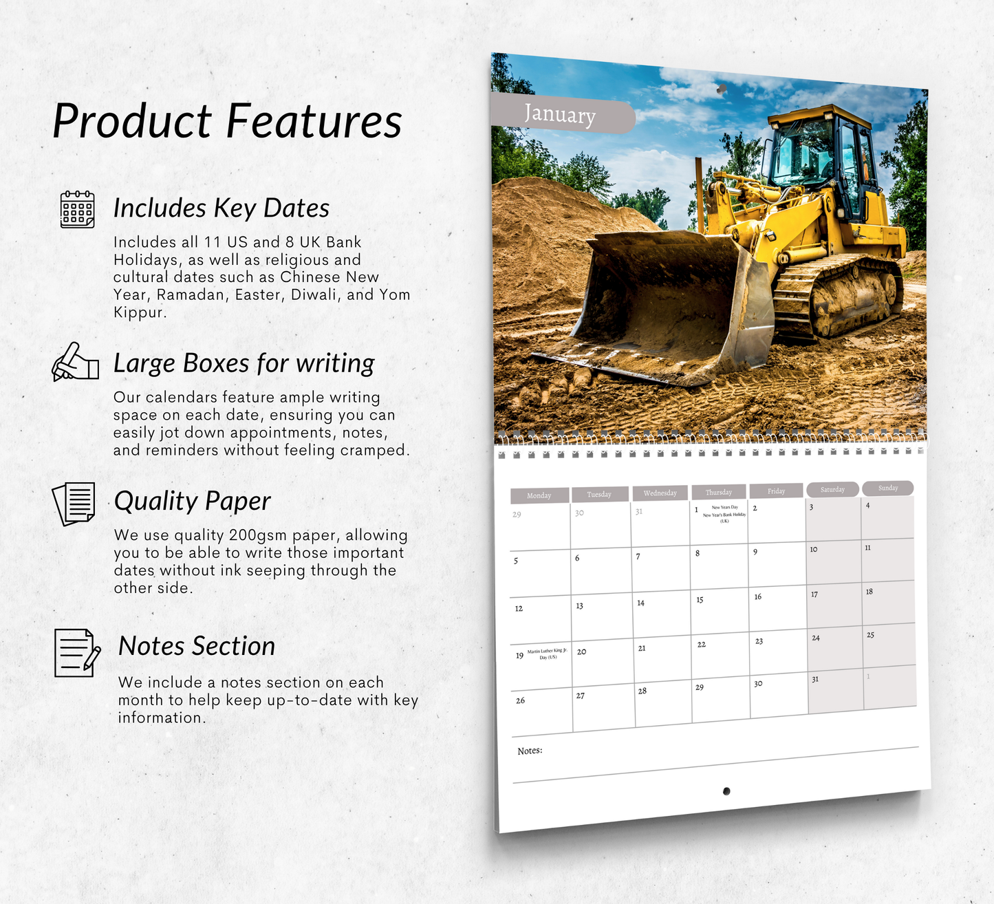 Construction Vehicles Calendar 2026