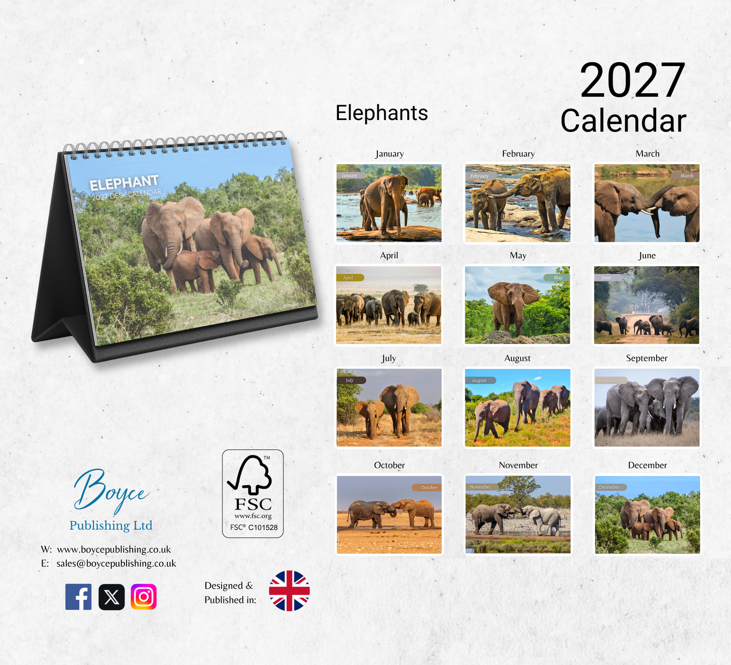 Elephant Desk Calendar 2027-2028