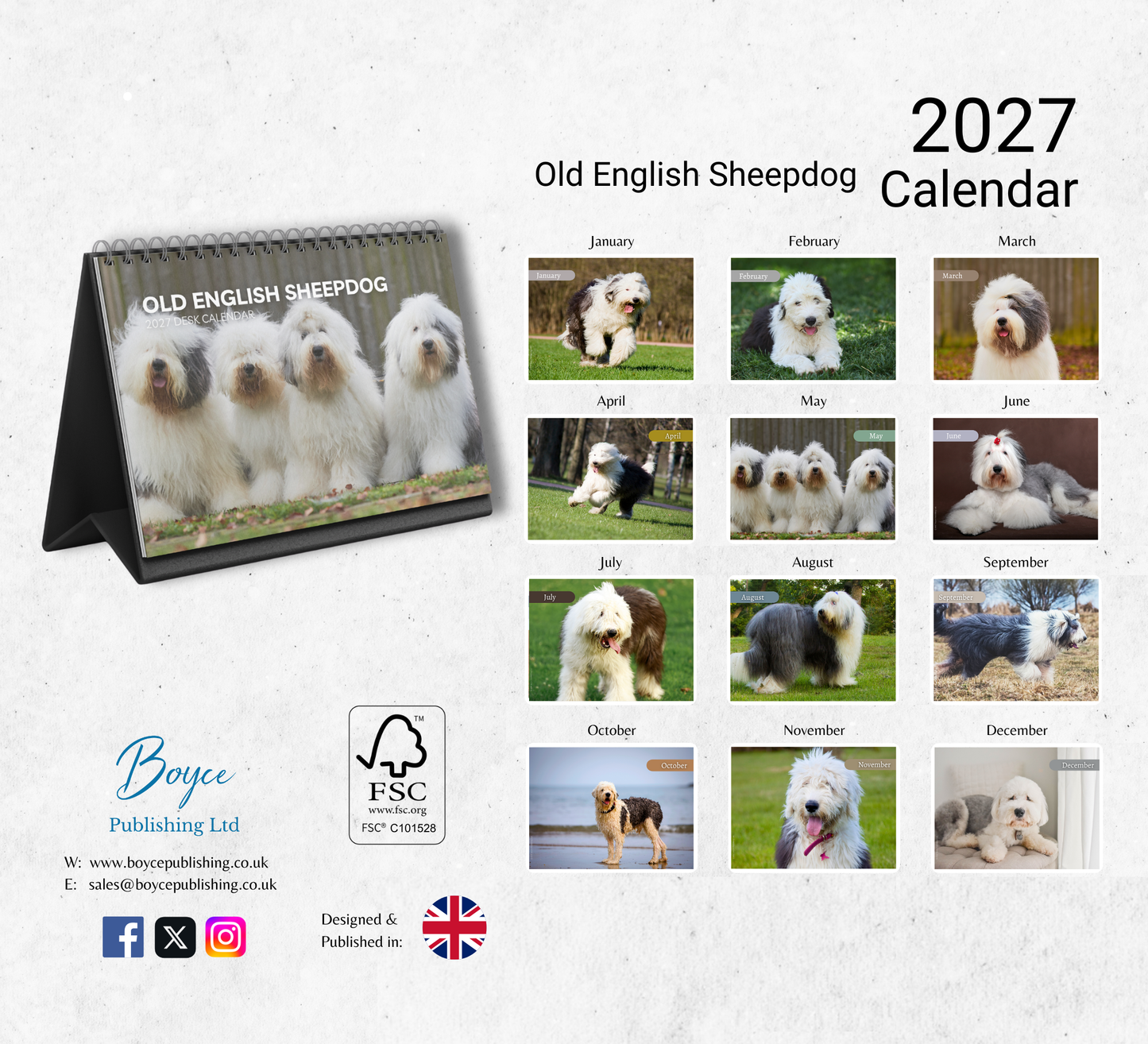 Old English Sheepdog Desk Calendar 2027-2028