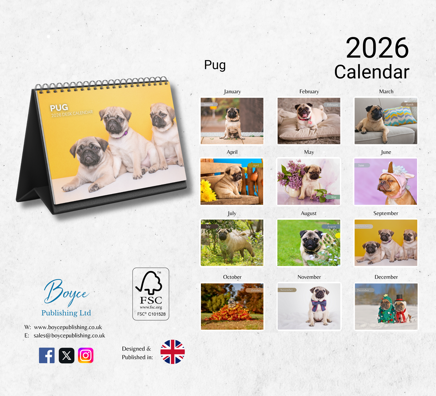 Pug Desk Calendar 2026-2027