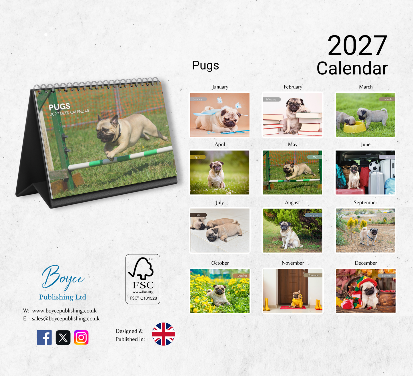Pug Desk Calendar 2027-2028