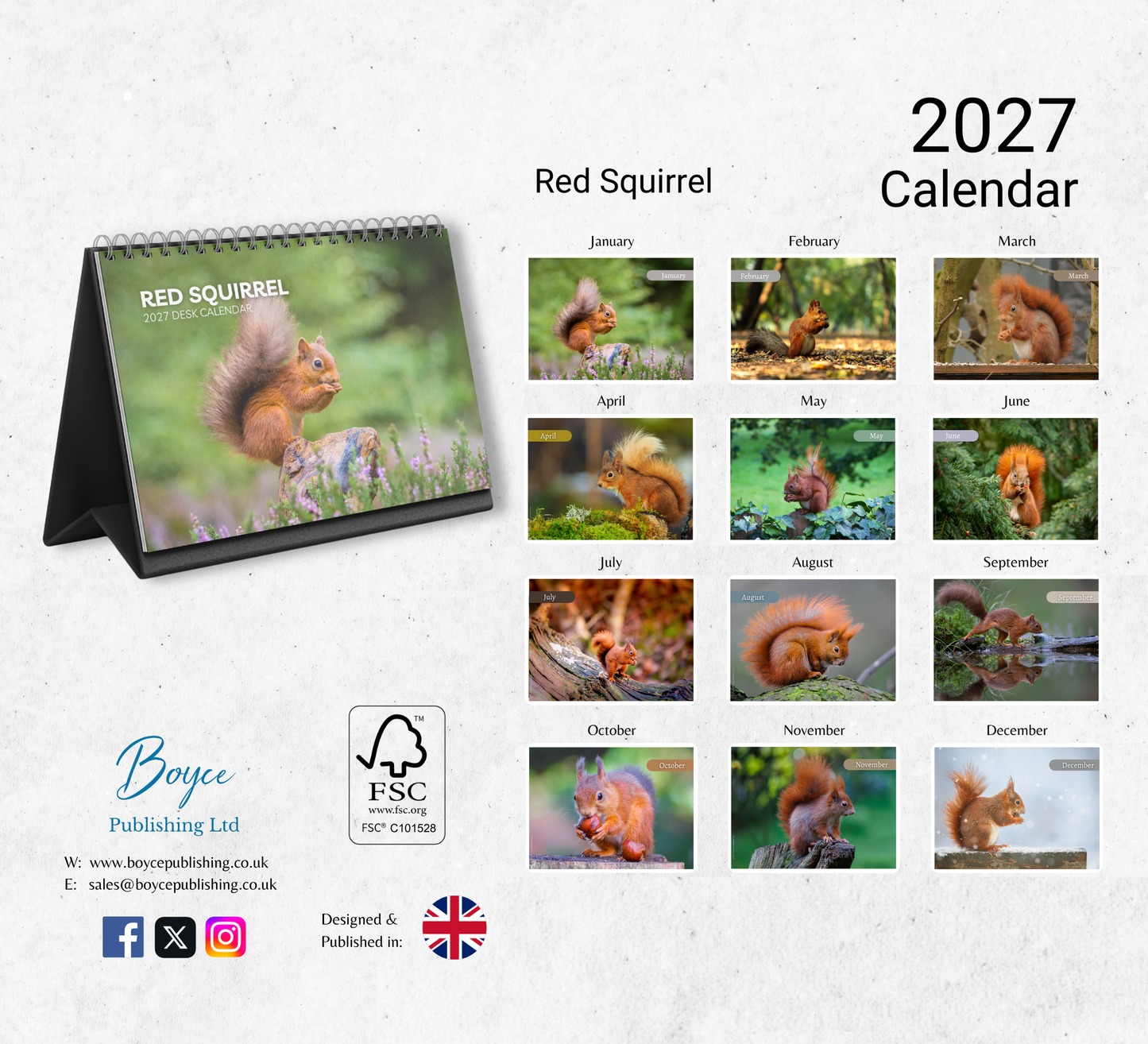 Red Squirrel Desk Calendar 2027-2028