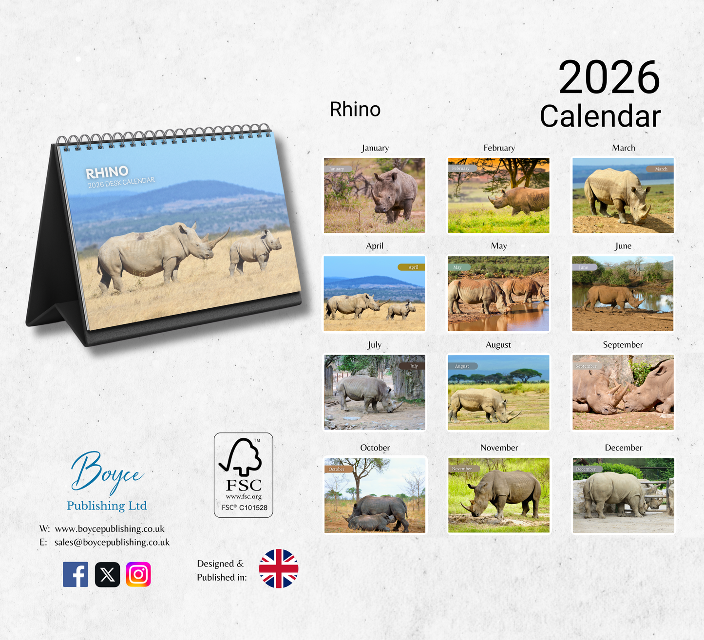 Rhino Desk Calendar 2026-2027