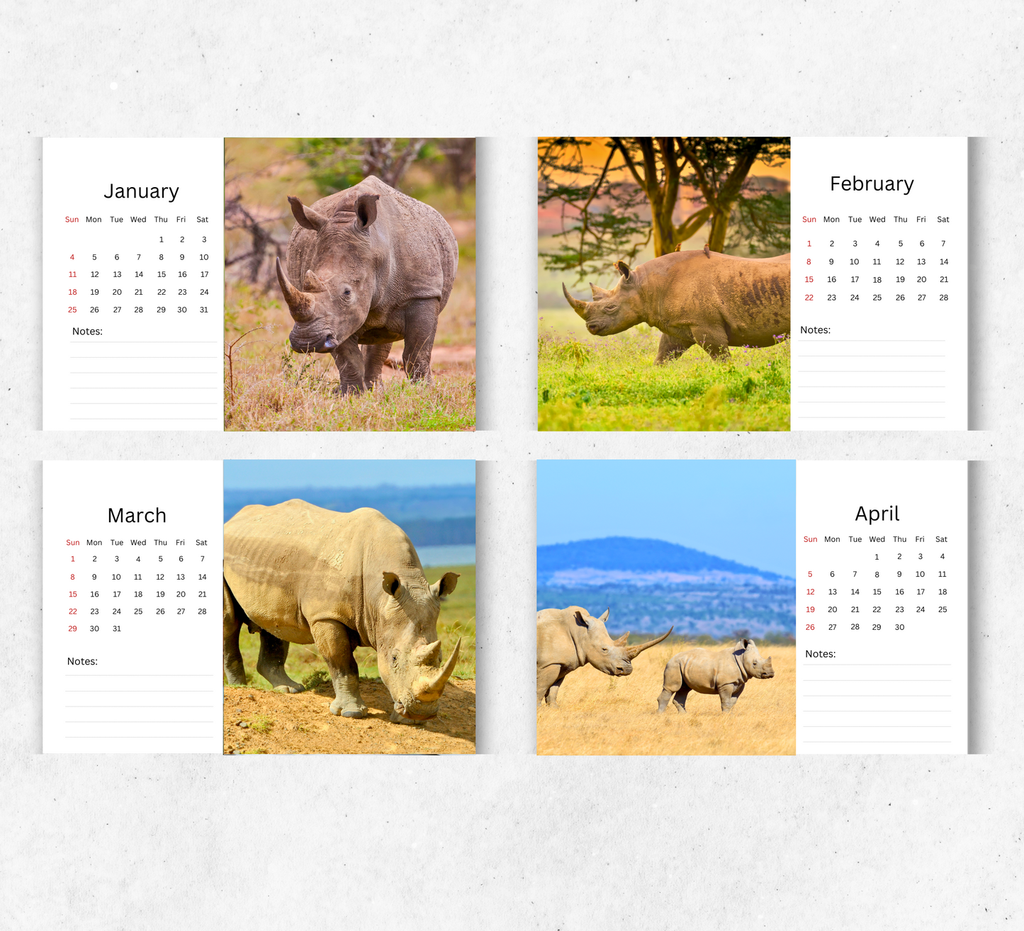 Rhino Desk Calendar 2026-2027