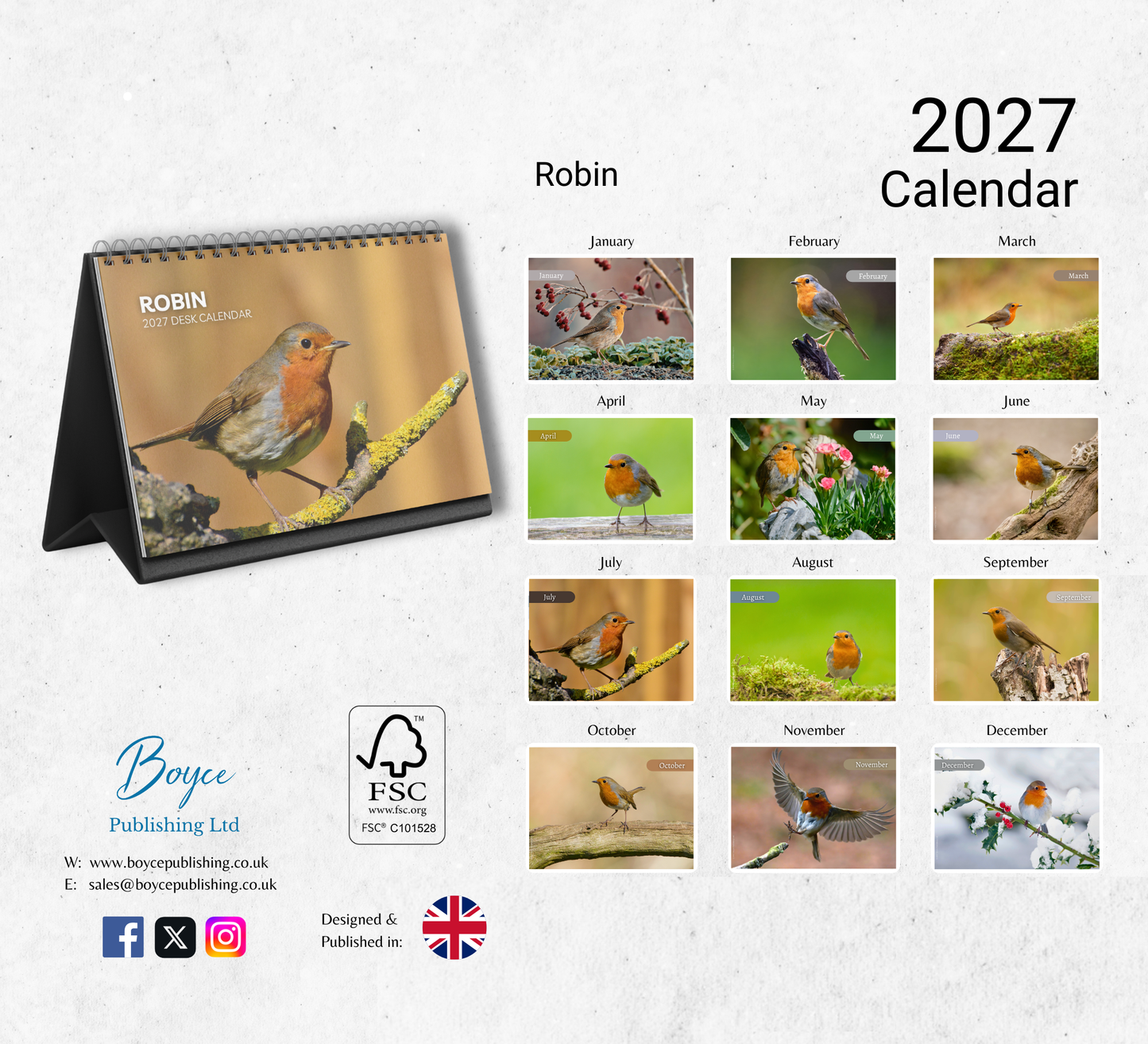 Robin Desk Calendar 2027-2028