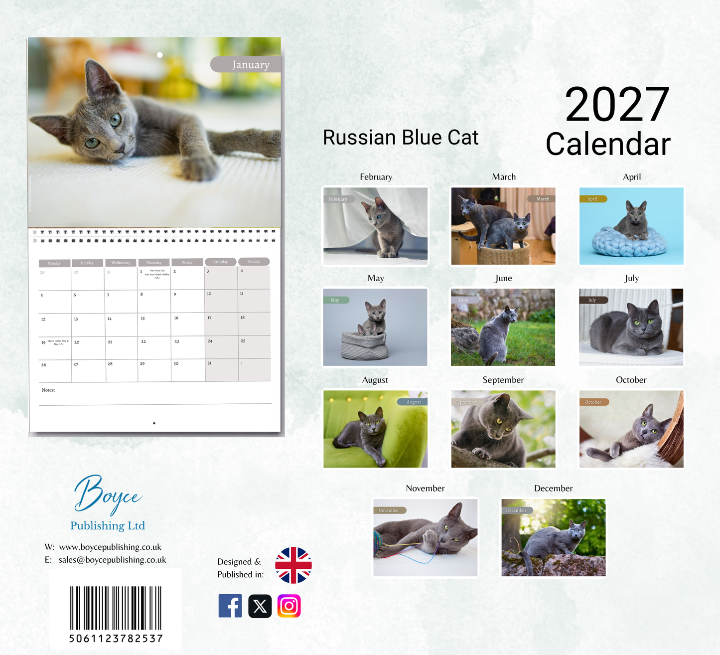 Russian Blue Cat Calendar 2027