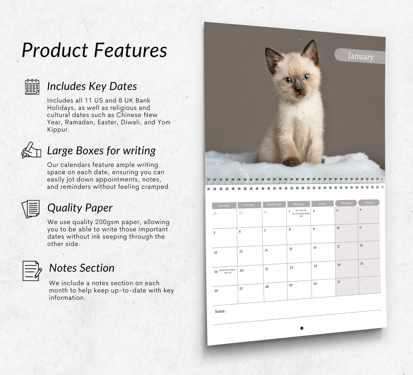 Siamese Cat Calendar 2026