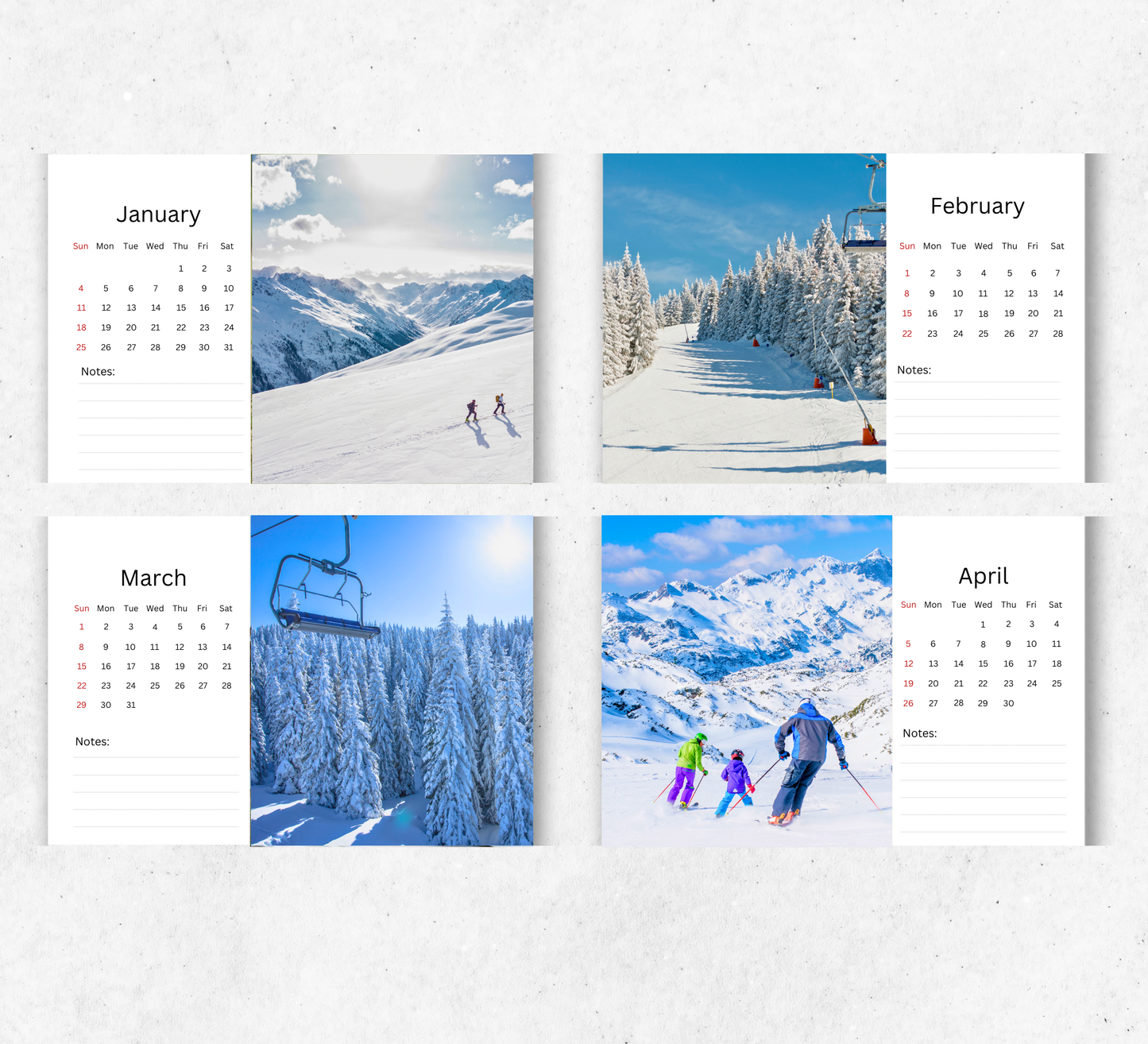 Skiing Desk Calendar 2026-2027