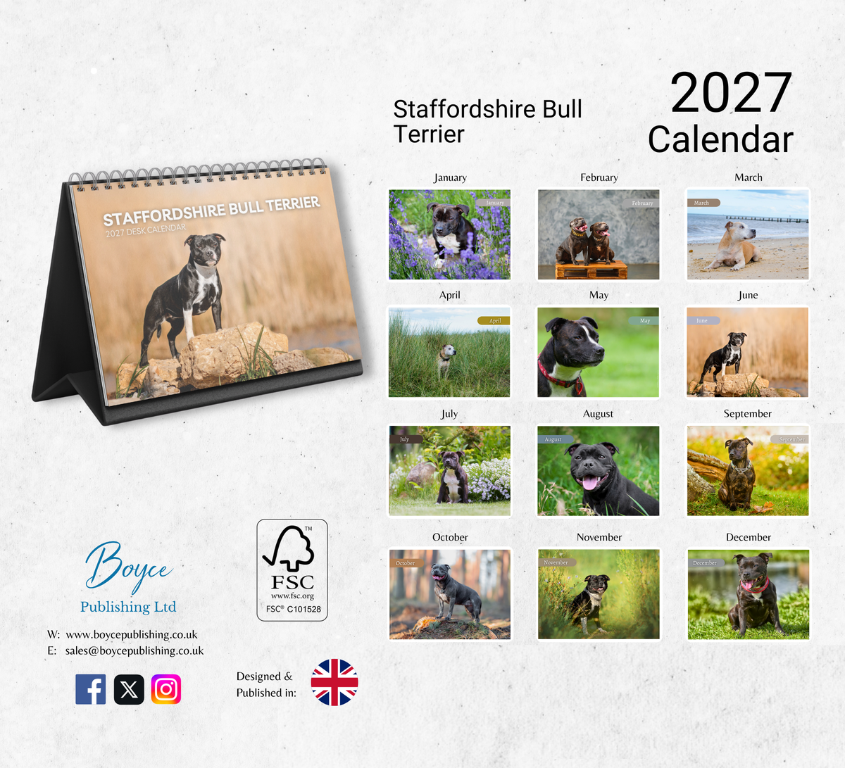 Staffordshire Bull Terrier Desk Calendar 2027-2028
