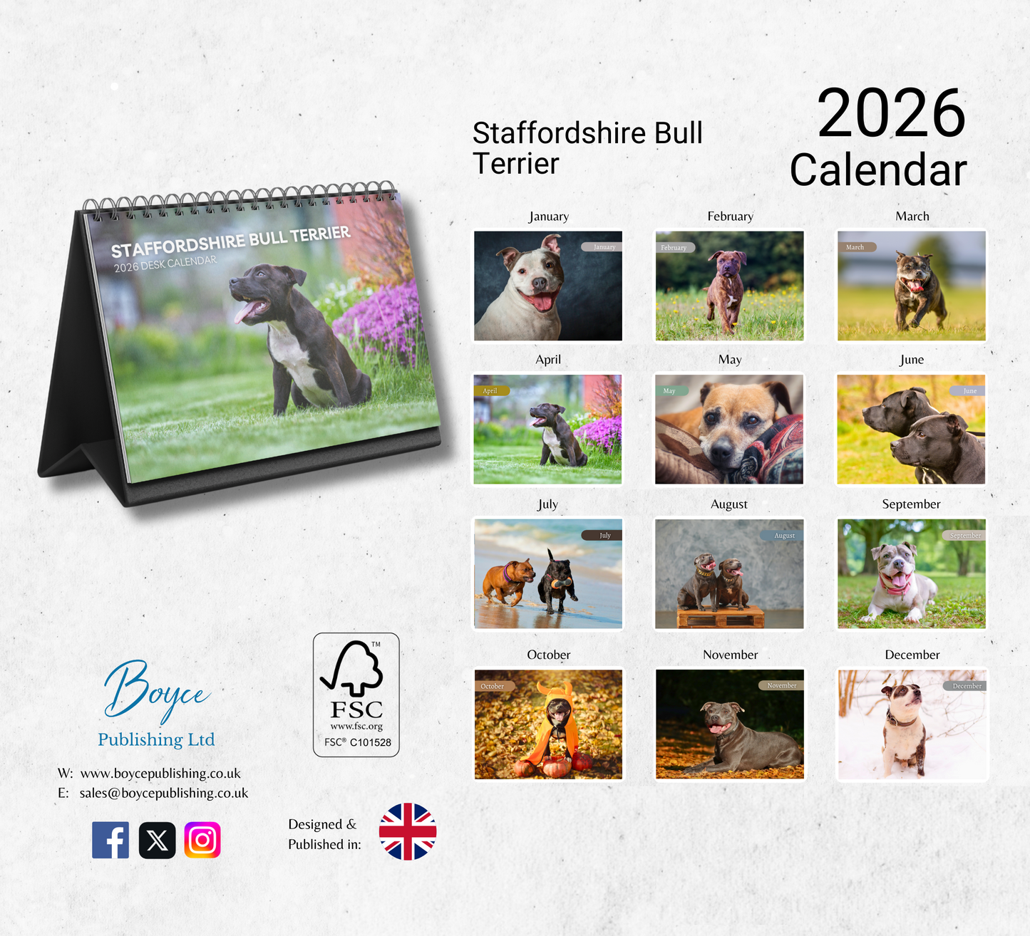 Staffordshire Bull Terrier Desk Calendar 2026-2027