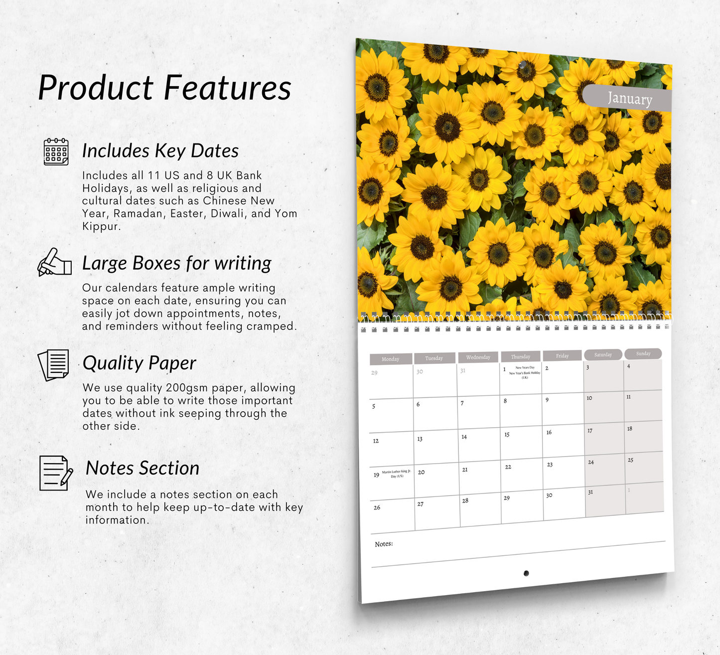 Sunflowers Calendar 2026
