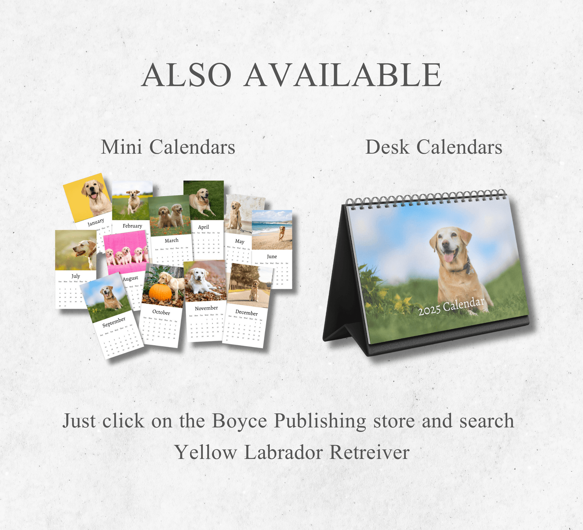 A display of a mini yellow labrador retreiver calendar and a desk yellow lab calendar showing as alternative products.