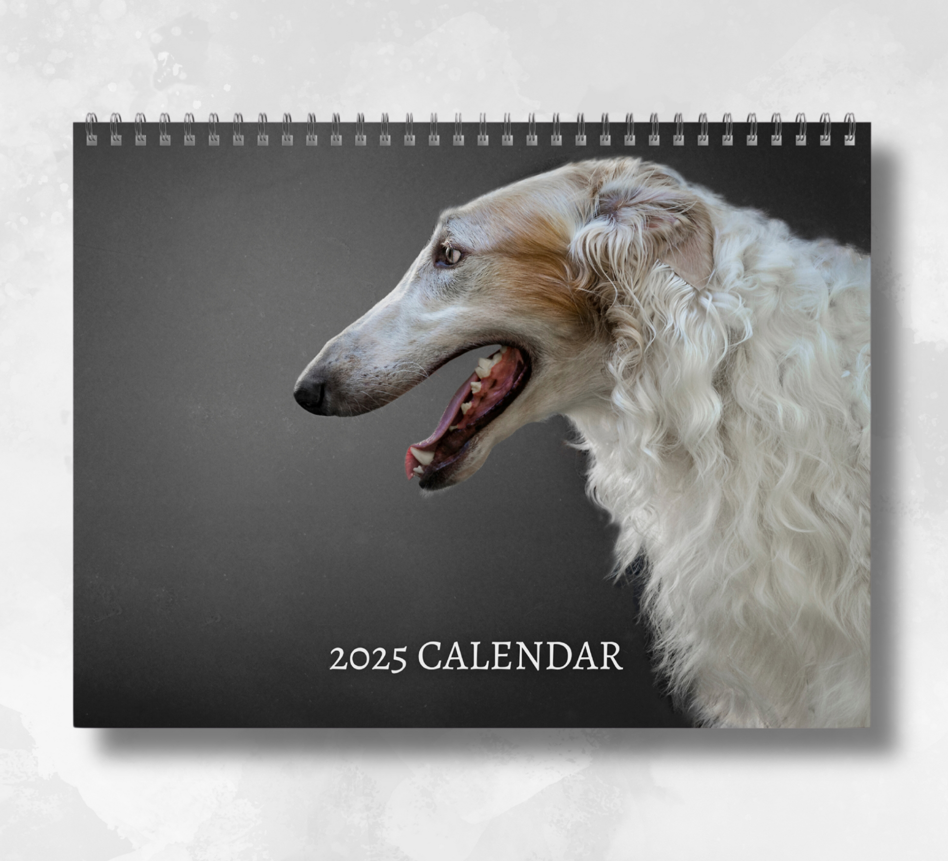 2025 Borzoi calendar featuring a close-up of a white borzoi's head and neck, with their mouth open looking to the left, with a black and grey backdrop.