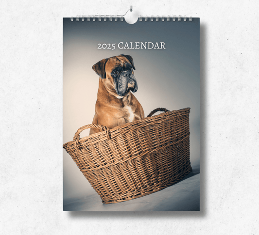 2025 Boxer Dog calendar featuring a boxer dog sitting in a wicker basket.