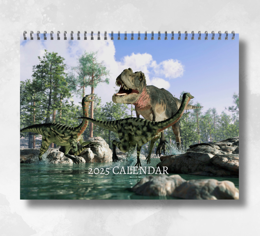 2025 Dinosaur calendar featuring a large t-rex and two velociraptors running away through a river surrounded by rocks and large trees in the background.