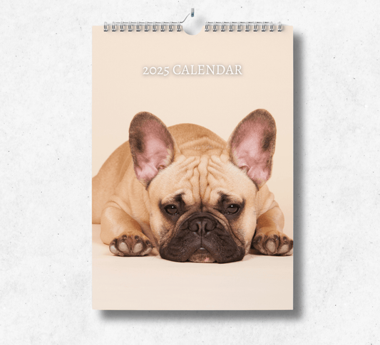 2025 French bulldog calendar featuring a french bulldog puppy laying down on a beige floor with their ears perked up. 