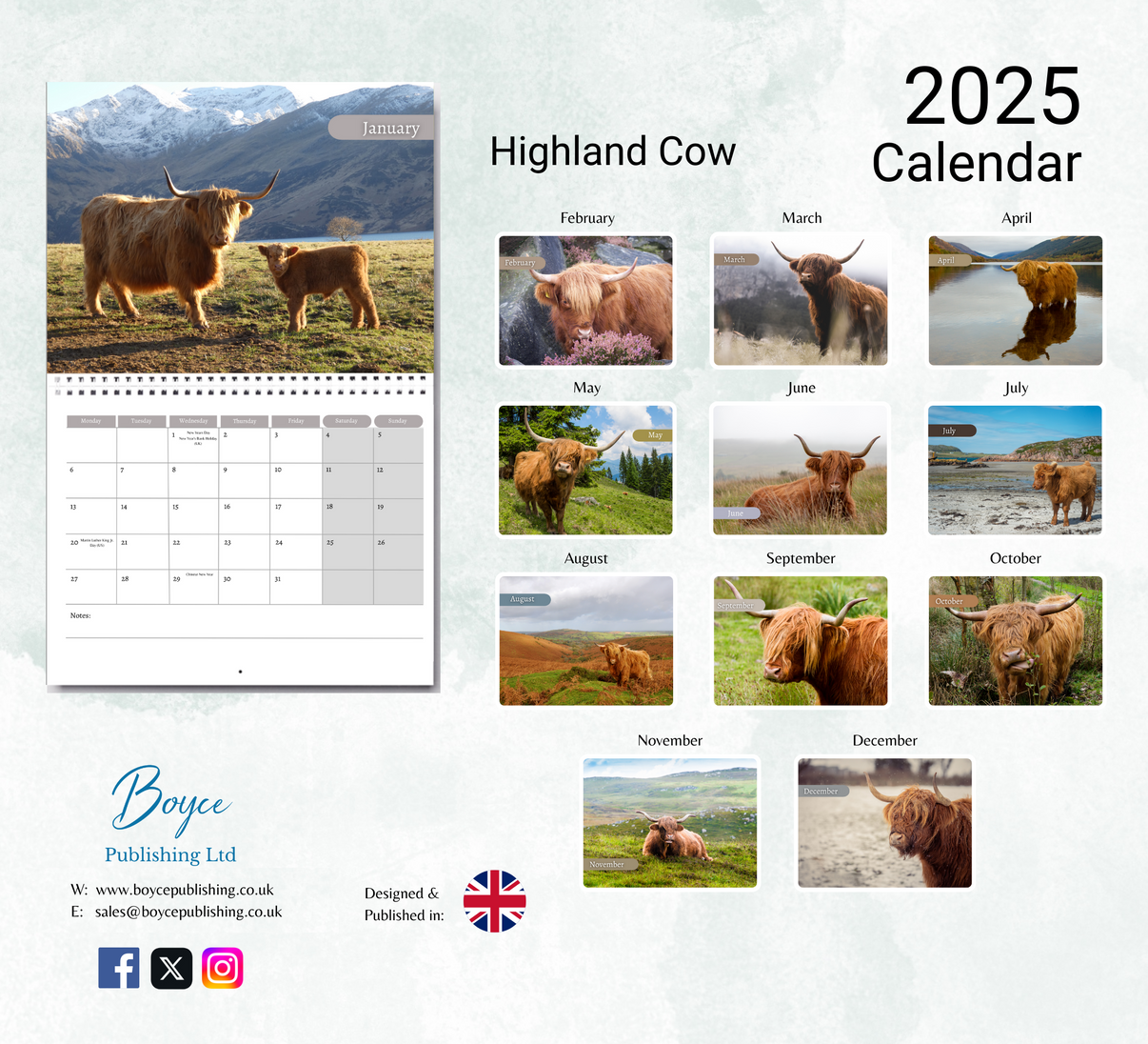 Highland Cow Calendar 2025 Monthly Wall Calendar with Notes, opens to