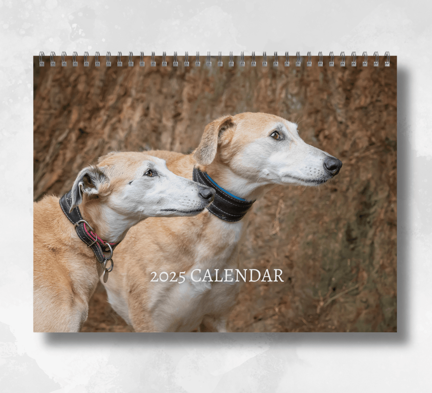 2025 Lurcher Calendar featuring an image of two lurcher dogs looking to the right, with a brown background of tree bark.