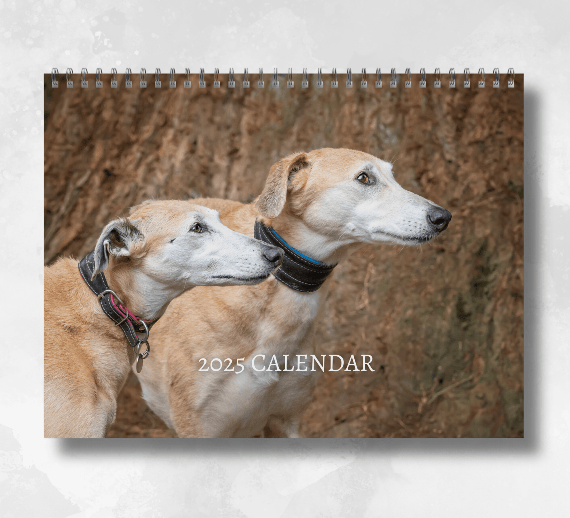 2025 Lurcher Calendar featuring an image of two lurcher dogs looking to the right, with a brown background of tree bark.