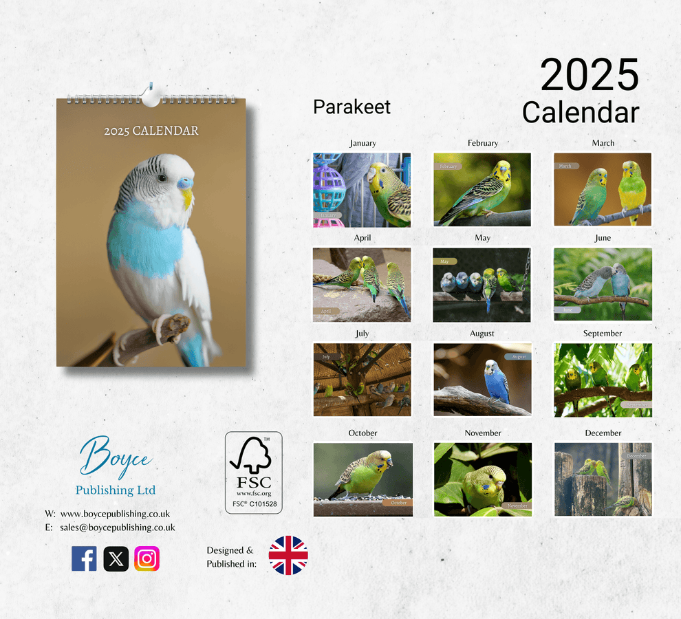 Parakeet Calendar 2025 Monthly Wall Calendar with Notes, Hanging A4