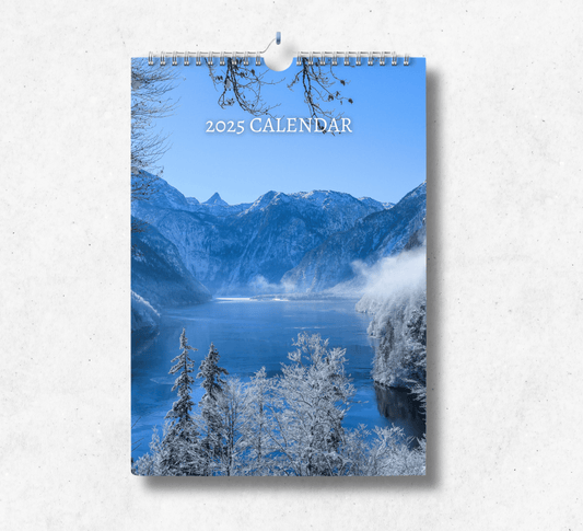 2025 Seasons calendar featuring a scenic icelandic lake with and cold and frosty mountainous backdrop.