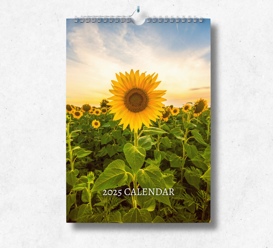 2025 Sunflower calendar with a wire binding and hanger, featuring a field of beautiful sunflowers set during sunset.